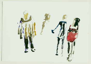 sculpturetones: Axel Schweppe wears his special garment which is also a musical instrument. Aquarell / watercolour, 17 x 24 cm: Kirsten Kötter